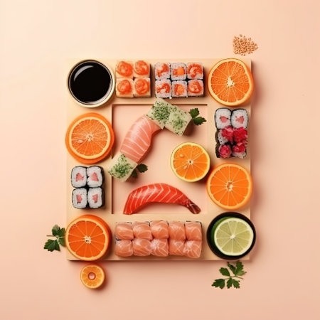 Freshly made sushi rolls isolated on a pastel background, perfect for food themed designs. food poster template. Generative AI.の素材