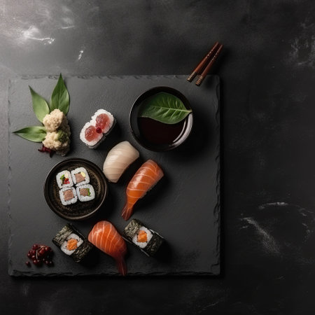 Freshly made sushi rolls isolated on a black background, perfect for food themed designs. food poster template. Generative AI.の素材