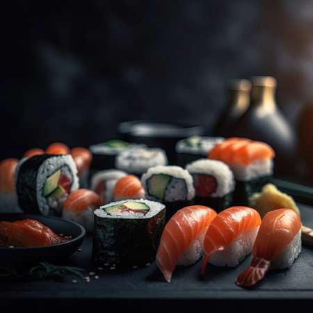 Freshly made sushi rolls isolated on a black background, perfect for food themed designs. food poster template. Generative AI.の素材