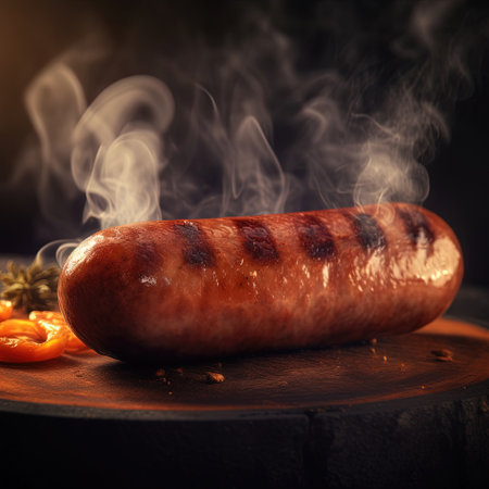 Juicy grilled sausage on a dark background, smoky flavor and mouth-watering aroma. Perfect for any BBQ poster. Generative AI.の素材