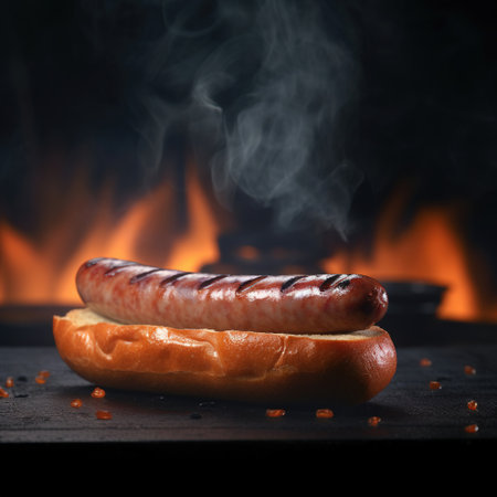 Delicious fried sausage with flames on a dark background, filled with taste and irresistible aroma. Ideal for BBQ. Generative AI.の素材