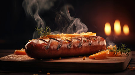 Juicy grilled sausage on a dark background, smoky flavor and mouth-watering aroma. Perfect for any BBQ poster. Generative AI.の素材