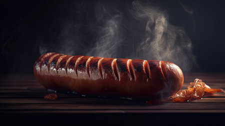 Juicy grilled sausage on a dark background, smoky flavor and mouth-watering aroma. Perfect for any BBQ poster. Generative AI.の素材