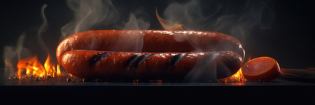 Juicy grilled sausage on a dark background, smoky flavor and mouth-watering aroma. Perfect for any BBQ poster. Generative AI.の素材