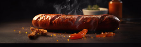 Juicy grilled sausage on a dark background, smoky flavor and mouth-watering aroma. Perfect for any BBQ poster. Generative AI.の素材