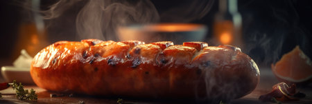Juicy grilled sausage on a dark background, smoky flavor and mouth-watering aroma. Perfect for any BBQ poster. Generative AI.の素材