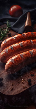 Juicy grilled sausage on a dark background, smoky flavor and mouth-watering aroma. Perfect for any BBQ poster. Generative AI.の素材