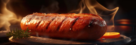 Delicious fried sausage with flames on a dark background, filled with taste and irresistible aroma. Ideal for BBQ. Generative AI.の素材