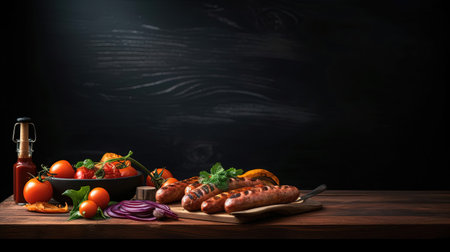 Grilled sausages with sauce on a cutting board. Whole sausages ready to be devoured. Empty space for text. Perfect for a BBQ party. Generative AIの素材