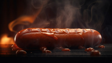 Juicy grilled sausage on a dark background, smoky flavor and mouth-watering aroma. Perfect for any BBQ poster. Generative AI.の素材