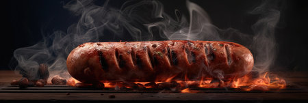 Juicy grilled sausage on a dark background, smoky flavor and mouth-watering aroma. Perfect for any BBQ poster. Generative AI.の素材