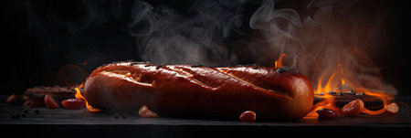 Juicy grilled sausage on a dark background, smoky flavor and mouth-watering aroma. Perfect for any BBQ poster. Generative AI.の素材