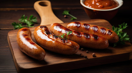 Flavorful grilled sausages on a wooden platter, topped with an assortment of sauces and herbs. Generative AI.の素材