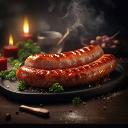 Juicy grilled sausage on a dark background, smoky flavor and mouth-watering aroma. Perfect for any BBQ poster. Generative AI.の素材