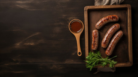 Grilled sausages with sauce on a cutting board. Whole sausages ready to be devoured. Empty space for text. Perfect for a BBQ party. Generative AIの素材