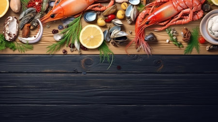 Seafood and seafood on wooden background. top view with copy spaceの素材