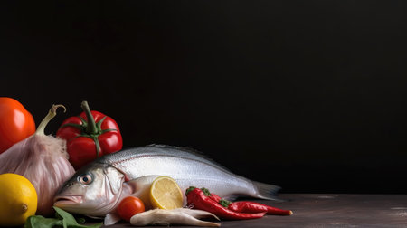 Raw seafood on rustic wood table: fish lemon and vegetables. Black backdorp. Generative AI.の素材