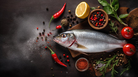 Ocean Bounty on Black Stone: Fresh Seafood with Lemon and Ice. Ideal for Menu or Poster. Generative AI.の素材