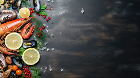Ocean Bounty on Black Stone: Fresh Seafood with Lemon and Ice. Ideal for Menu or Poster. Generative AI.の素材
