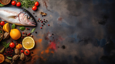 Ocean Bounty on Black Stone: Fresh Seafood with Lemon and Ice. Ideal for Menu or Poster. Generative AI.の素材