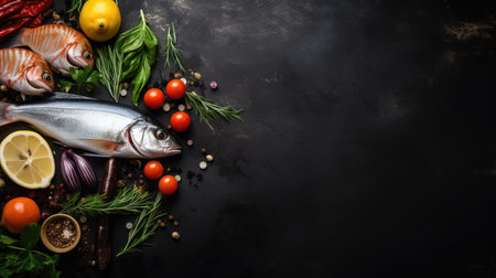 Ocean Bounty on Black Stone: Fresh Seafood with Lemon and Ice. Ideal for Menu or Poster. Generative AI.の素材