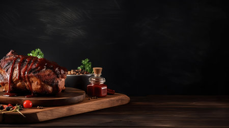 Juicy and delicious grilled pork ribs on a wooden board with sauce and greens, on a dark natural background. Empty space for text. Generative AIの素材
