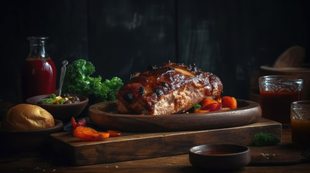 Roasted pork knuckle on a wooden board with vegetables and sauceの素材