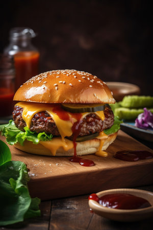 Delicious Burger Delight! Juicy patty, melted cheese, and crispy veggies on a dark backdrop. Perfectly satisfying. Generative AI.の素材
