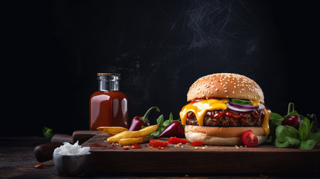 Delicious Burger Delight! Juicy patty, melted cheese, and crispy veggies on a dark backdrop. Perfectly satisfying. Generative AI.の素材