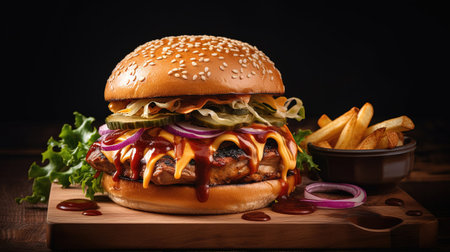 Delicious Burger Delight! Juicy patty, melted cheese, and crispy veggies on a dark backdrop. Perfectly satisfying. Generative AI.の素材