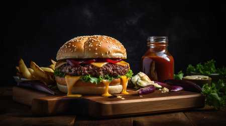 Delicious Burger Delight! Juicy patty, melted cheese, and crispy veggies on a dark backdrop. Perfectly satisfying. Generative AI.の素材
