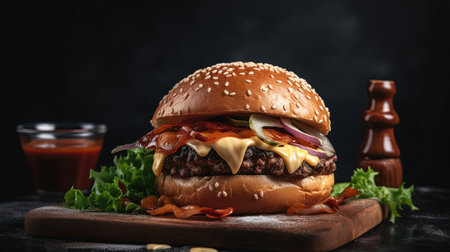 Delicious Burger Delight! Juicy patty, melted cheese, and crispy veggies on a dark backdrop. Perfectly satisfying. Generative AI.の素材