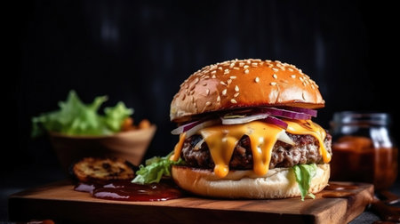Delicious Burger Delight! Juicy patty, melted cheese, and crispy veggies on a dark backdrop. Perfectly satisfying. Generative AI.の素材