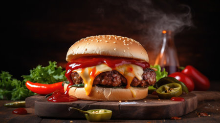 Delicious burger, grilled to perfection. Perfect for posters and menus. Flames add an extra touch. Generative AIの素材