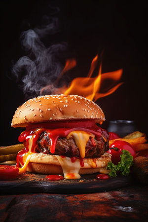 Delicious burger, grilled to perfection. Perfect for posters and menus. Flames add an extra touch. Generative AIの素材