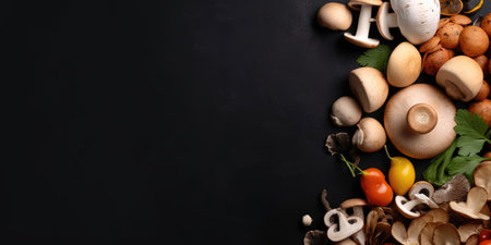 Mushroom Veggie Frame! Fresh organic vegetables and mushrooms on dark background. Perfect for wholesome food themes. Generative AI.の素材