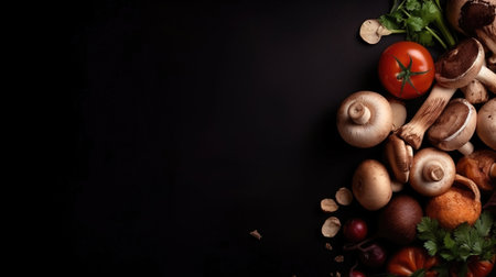 Mushroom Veggie Frame! Fresh organic vegetables and mushrooms on dark background. Perfect for wholesome food themes. Generative AI.の素材