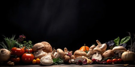 Mushroom Veggie Frame! Fresh organic vegetables and mushrooms on dark background. Perfect for wholesome food themes. Generative AI.の素材