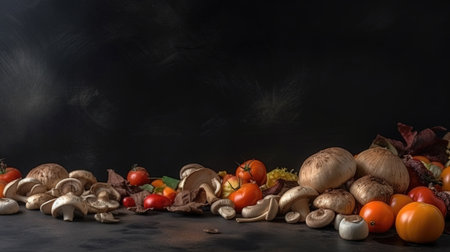 Mushroom Veggie Frame! Fresh organic vegetables and mushrooms on dark background. Perfect for wholesome food themes. Generative AI.の素材