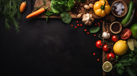 Fresh Veggie Border! Organic vegetables on natural black background. Ideal for healthy food designs. Generative AI.の素材