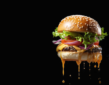 Mouthwatering Cheeseburger on Dark Background with Sauce Droplets. Ideal for Text Additions. Generative AI.の素材