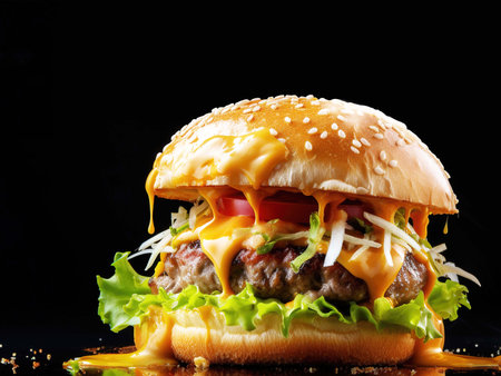 Big and tasty Cheese burger on black background with copy space for your text. food poster. Generative AI.の素材