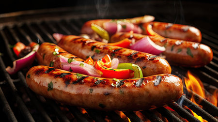 Grilled sausages and vegetables on a flaming BBQ grill. A delicious food poster for summer dining. Generative AI.の素材