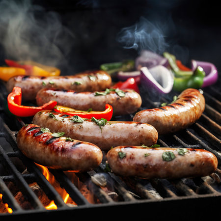 Grilled sausages and vegetables on a flaming BBQ grill. A delicious food poster for summer dining. Generative AI.の素材