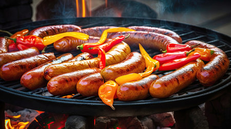 Grilled sausages and vegetables on a flaming BBQ grill. A delicious food poster for summer dining. Generative AI.の素材
