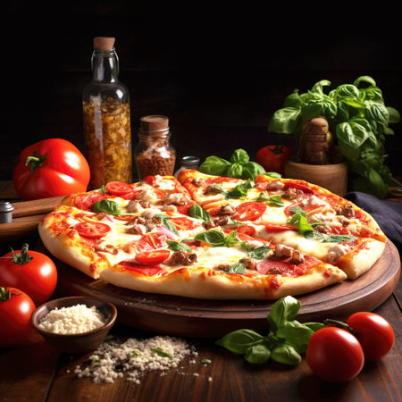 Pizza with mozzarella, tomatoes and basil on wooden background table. Generative AI.の素材