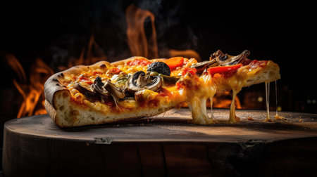 Wood fired pizza with salami, pepper and cheese on a wooden board with smoke and flames. Black backdrop. Generative AI.の素材