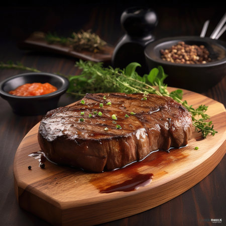 Juicy Beef Rib Eye Steak Slices on Wooden Board with Herbs, Spices, and Salt. Generative AI.の素材