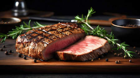 Juicy Beef Rib Eye Steak Slices on Wooden Board with Herbs, Spices, and Salt. Generative AI.の素材