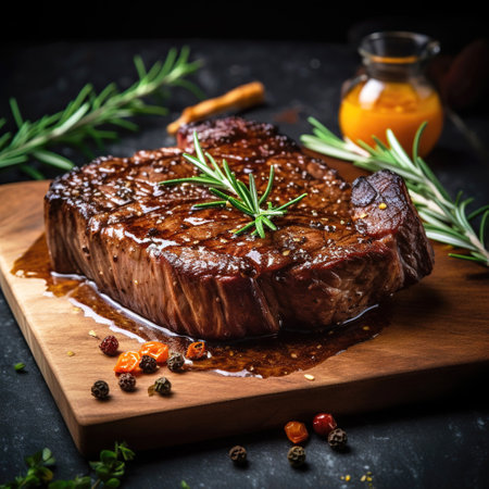 Juicy Beef Rib Eye Steak Slices on Wooden Board with Herbs, Spices, and Salt. Generative AI.の素材